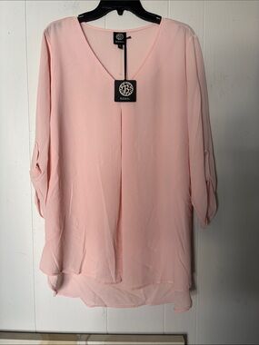 bobeau Soft Pink V-Neck Roll-Tab Sleeve Blouse